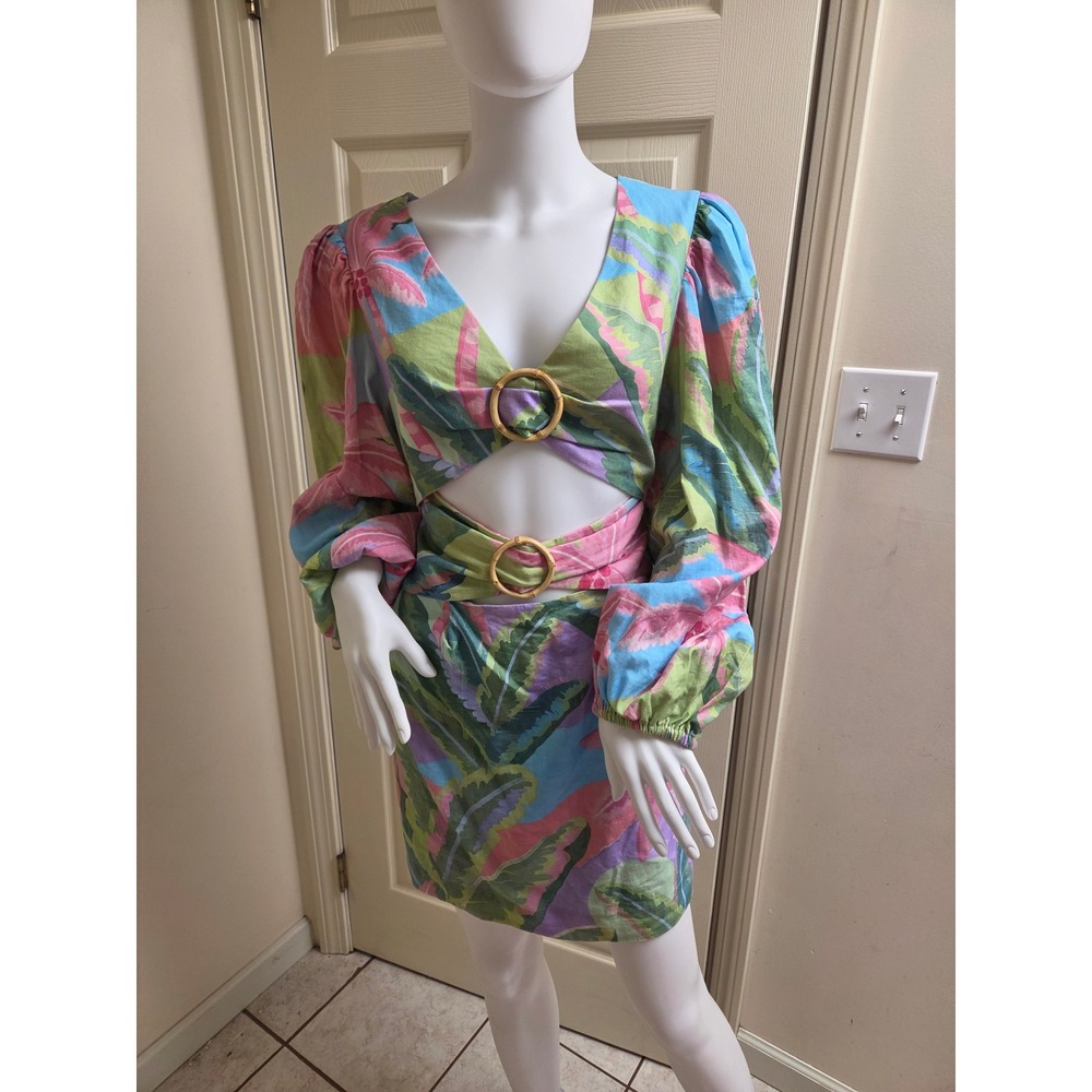 Farm Rio Tropical Print Cutout Mini Dress Bamboo Ring Puff Sleeve Green Pink L